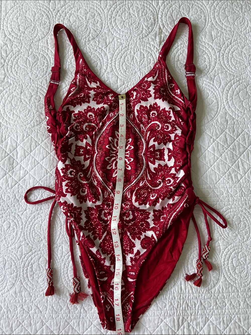 Agua Bendita Lara Bandana Print One-Piece Swimsuit with Side Lace-Up Red White M - Picture 13 of 15